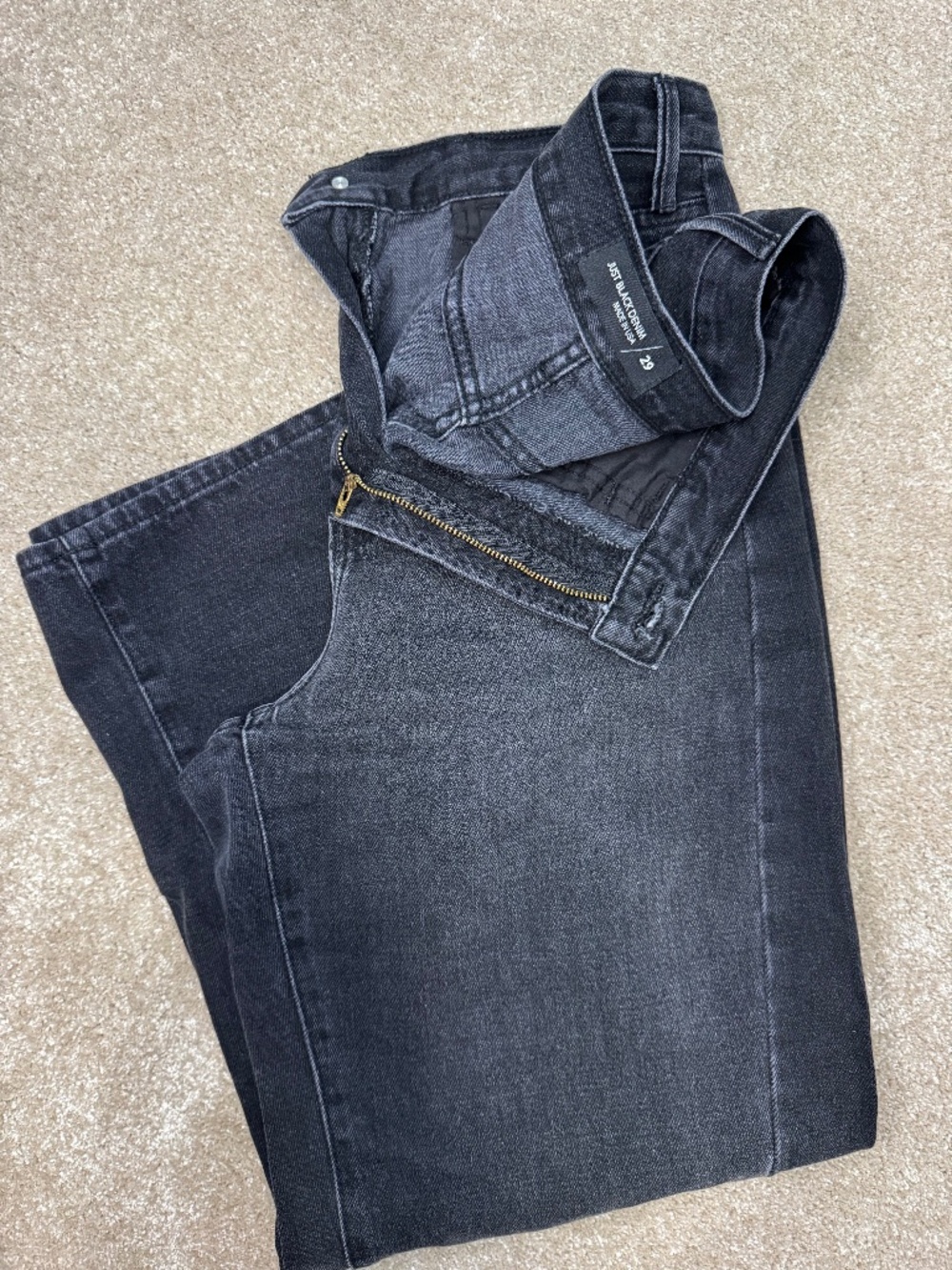 faded black denim, wide leg size 29